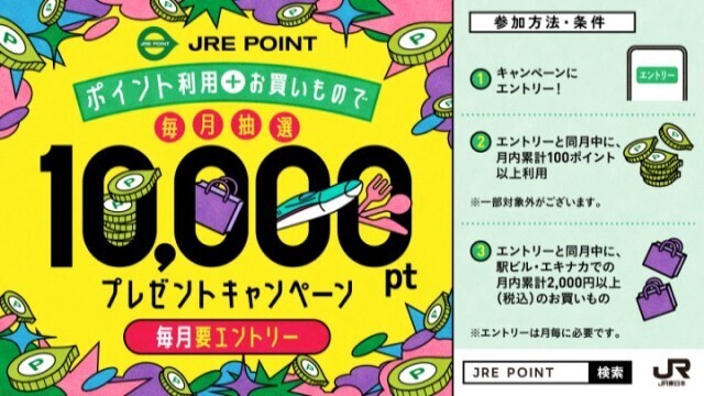 10,000ポイントプレゼントキャンペーン！～JRE POINT使って＆お買いもので毎月抽選であたる～